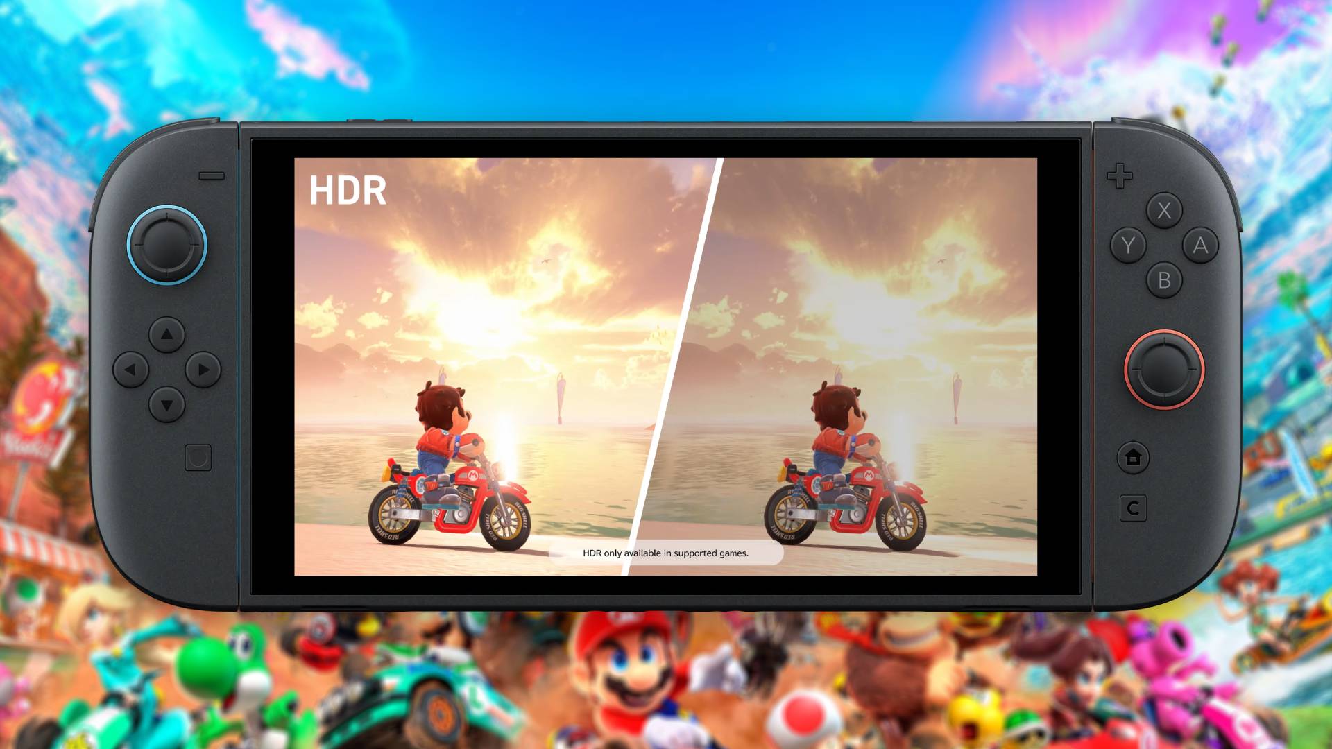 Switch 2 handheld with Mario Kart World gameplay on screen with HDR on and off and blurred character art in backdrop with colorful sky.