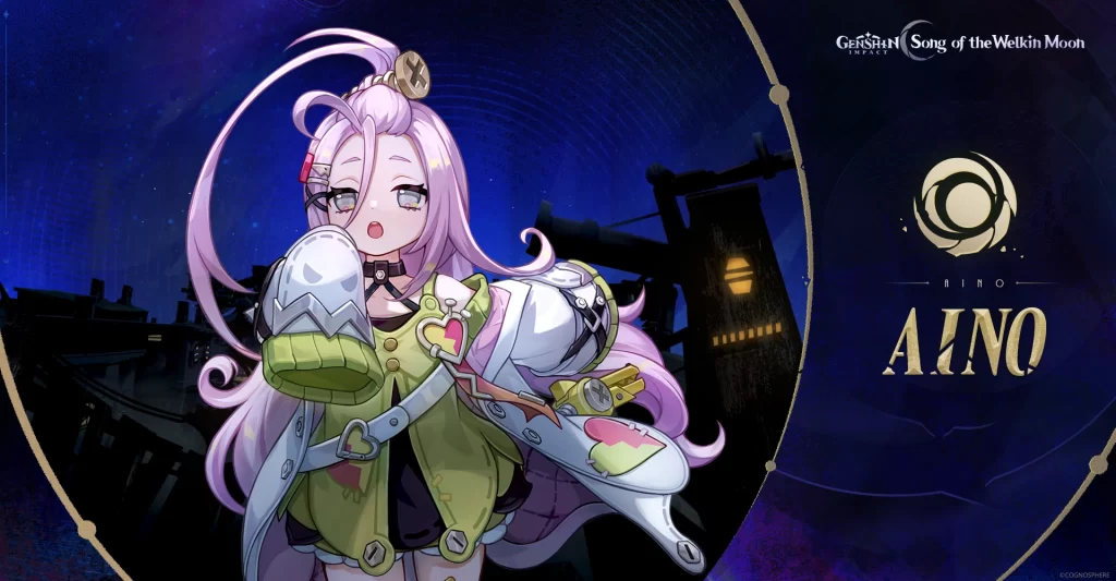 Ilustração da personagem Aino: uma garota de pele branca e cabelos longos e rosas. Usa um vestido preto e verde, com magas brancas e detalhes em verde e rosa.