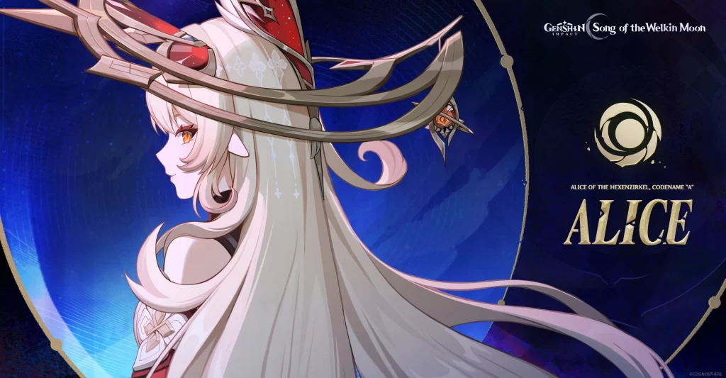 Ilustração da personagem Alice: uma mulher de pele branca e cabelos longos e loiros. Usa um chapéu pontudo vermelho com detalhes dourados e vestes vermelhas. Na aba do chapéu, há uma visão Pyro.