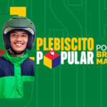 Arte do plebiscito popular com trabalhadores e a frase "Por um Brasil mais justo"