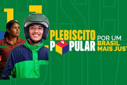 Arte do plebiscito popular com trabalhadores e a frase "Por um Brasil mais justo"