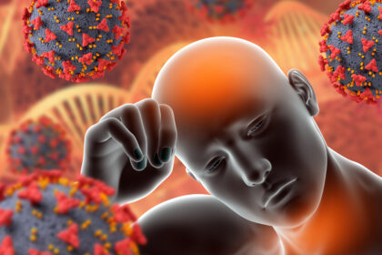 Fundo 3D de células virais e um homem com febre e dor de garganta