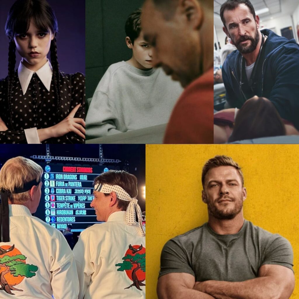 Séries (em ordem): Wandinha, Adolescência, The Pitt, Cobra Kai, Reacher/ Foto: Divulgação
