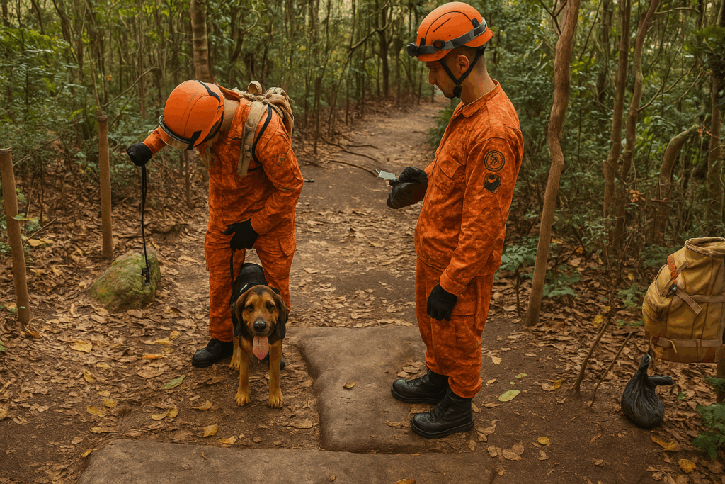 Bombeiros do Rio utilizam cães farejadores e drones nas buscas por idoso desaparecido no Morro da Urca.
Crédito: Divulgação/CBMERJ