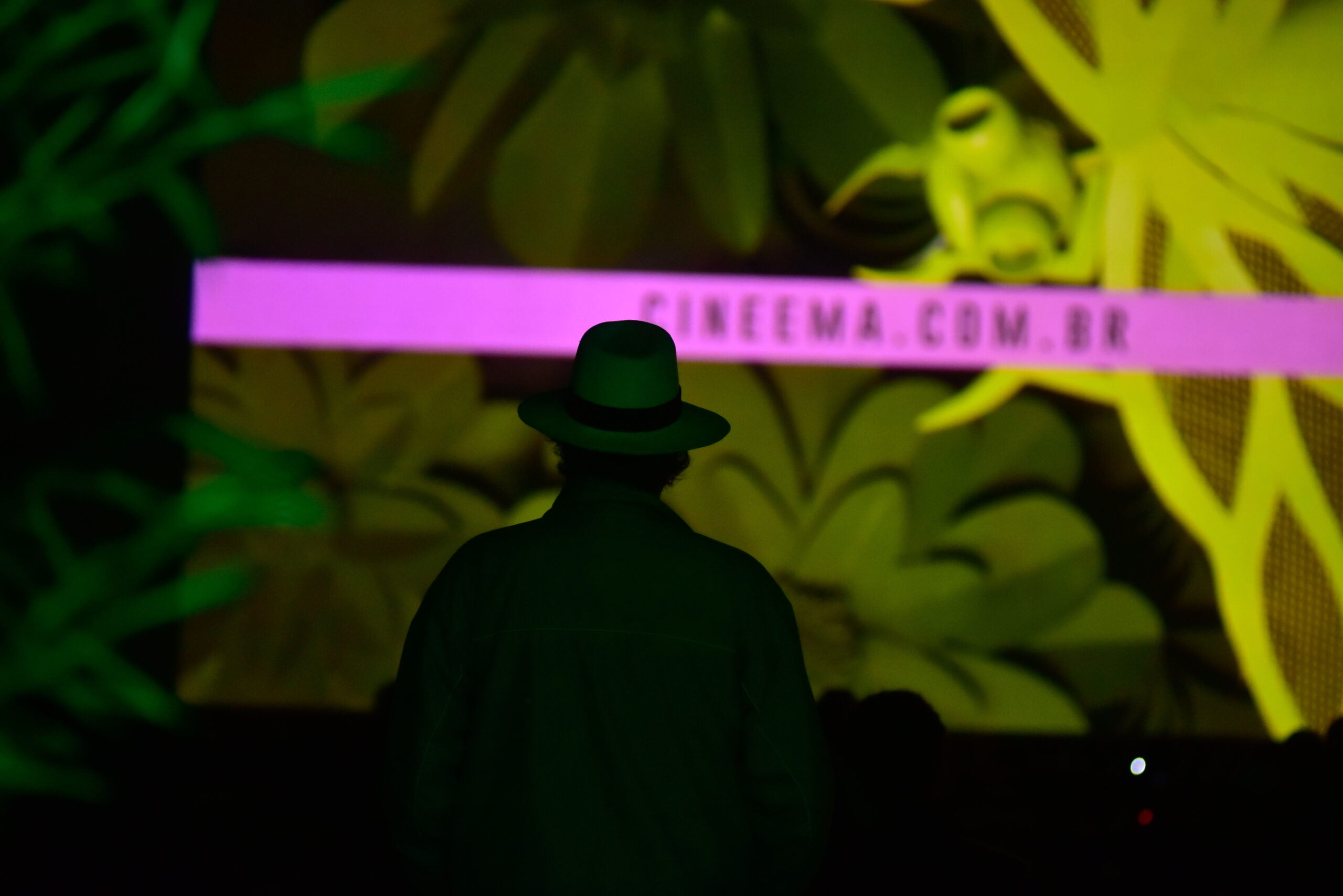 Pessoa assiste à projeção do Festival Cine.Ema, com tela iluminada e endereço do site cineema.com.br ao fundo.
