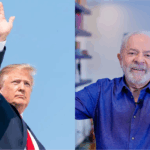 trump, à esquerda, acenando, e Lula, à direita, de braços abertos