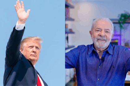 trump, à esquerda, acenando, e Lula, à direita, de braços abertos