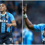Com gols de Carlos Vinícius (E) e Amuzu (D), Grêmio ocupa a 11ª colocação no campeonato | Foto: Lucas Uebel/Grêmio FBPA
