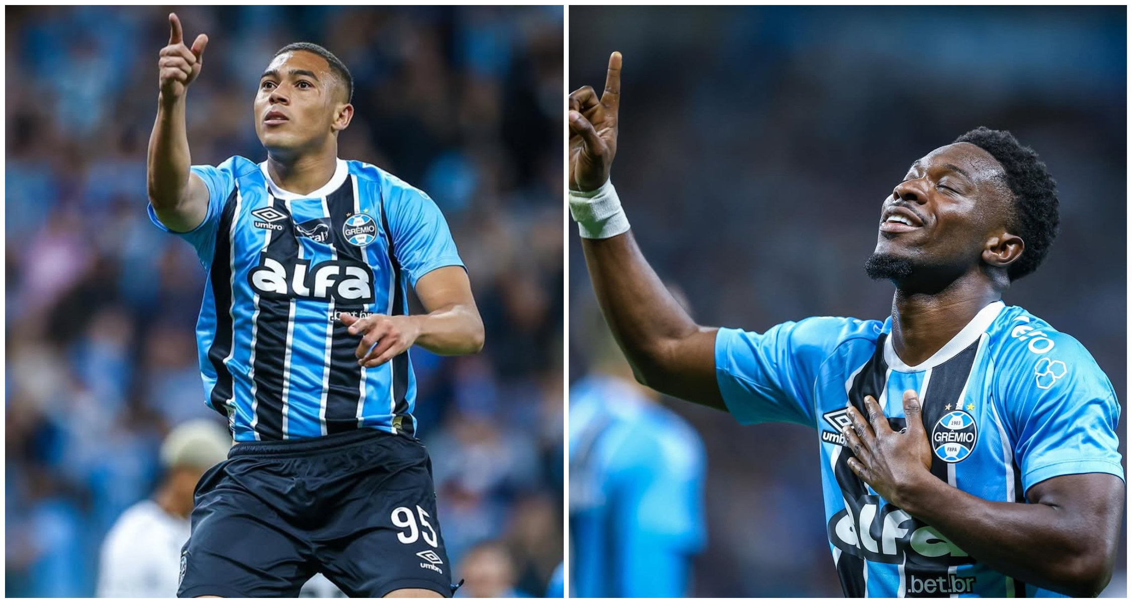 Com gols de Carlos Vinícius (E) e Amuzu (D), Grêmio ocupa a 11ª colocação no campeonato | Foto: Lucas Uebel/Grêmio FBPA